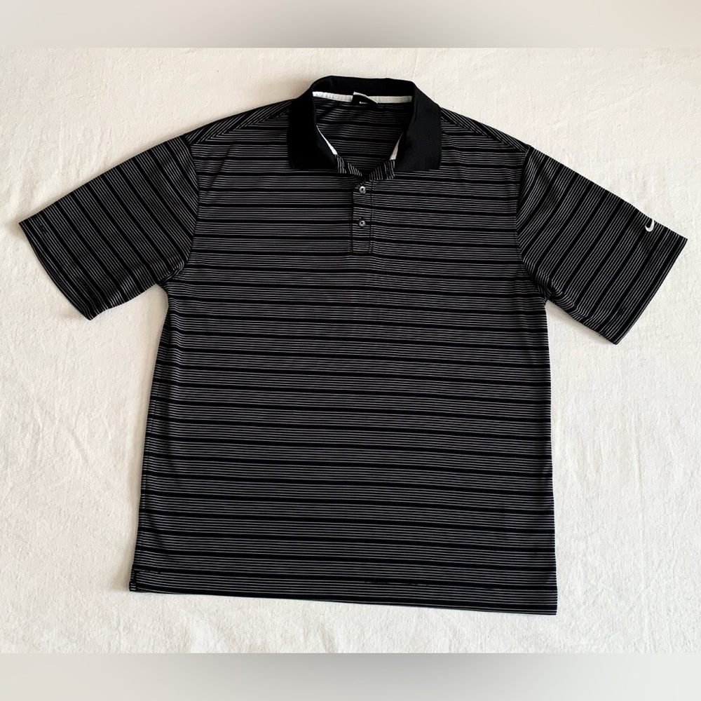 Nike Golf Men’s Black & White Striped Fit Dry Polo Shirt with Swoosh Logo size L